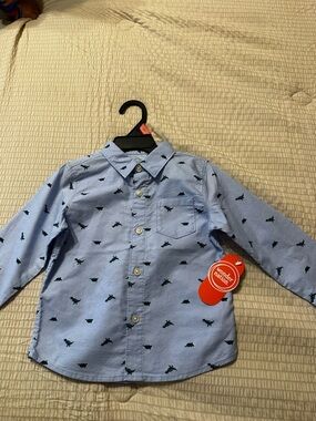 wonder nation Light Blue Button-Down Shirt with Navy Dino Print